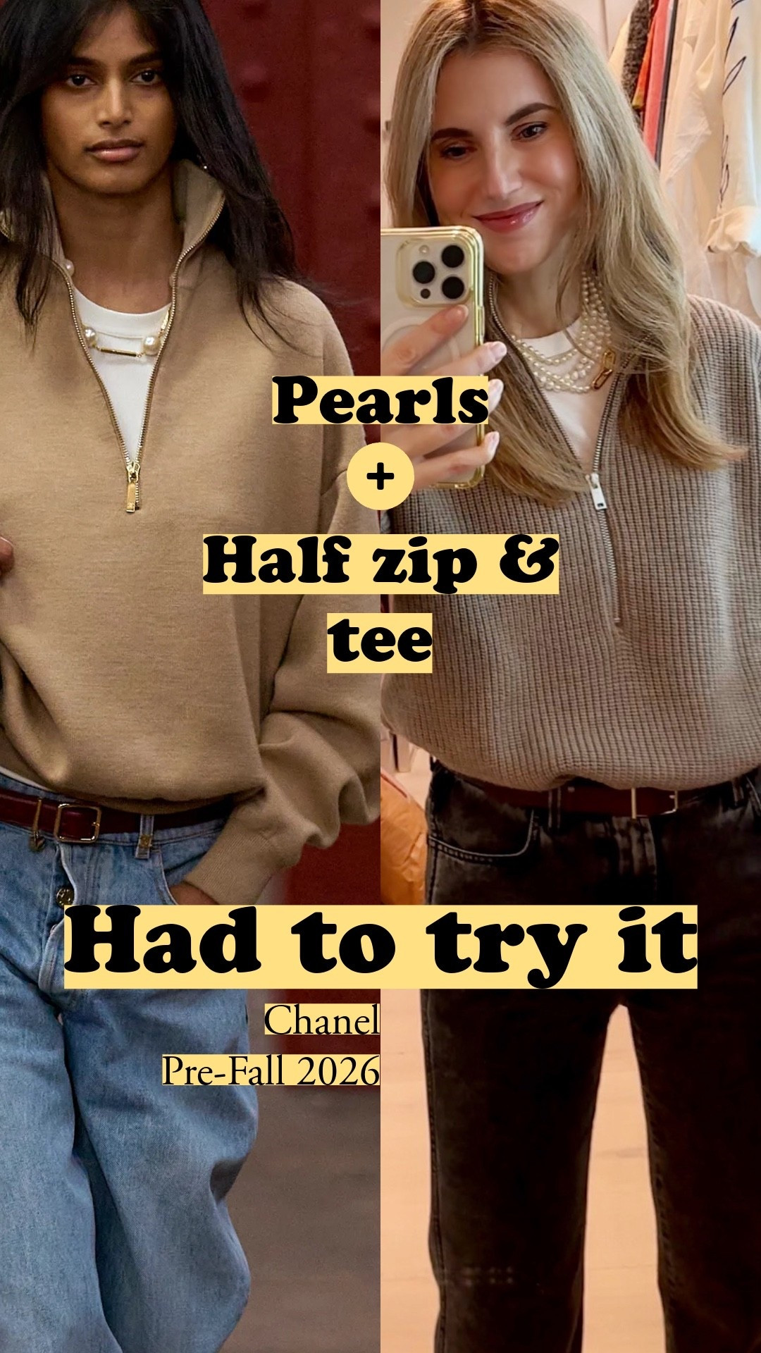 The coolest way to wear pearls comes from Chanel’s recent NYC show - add a pearl necklace to half zip sweater over a tee. Love it 🤍 Quince, Uniqlo, Cos, outfit formula, J.Crew, slouchy jeans, runway to reality, luxury vs high street, modern classic style, quarter zip, cashmere sweaters, merino wool, vintage tee

#LTKWorkwear #LTKootd #LTKFindsUnder50