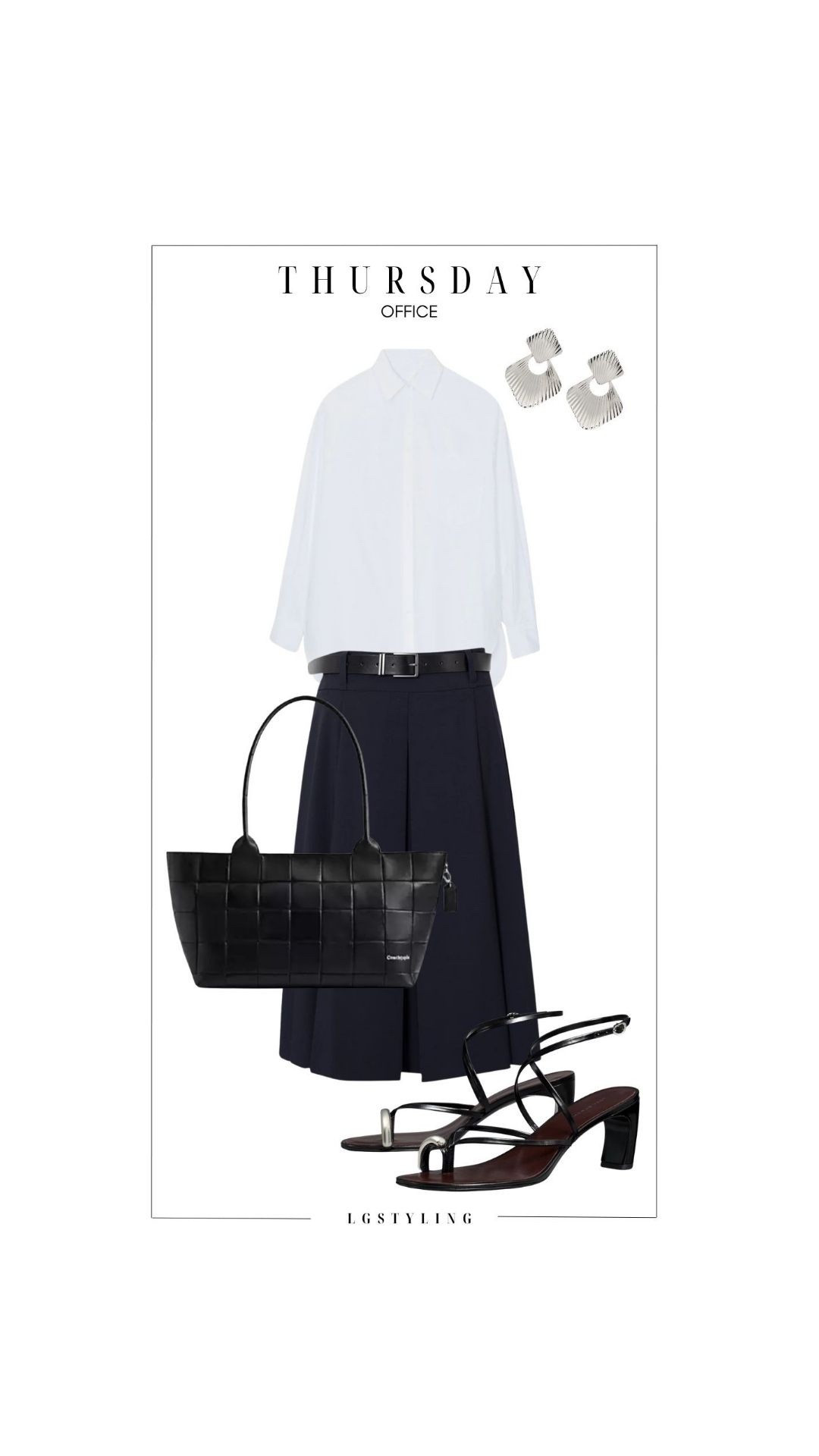 THURSDAY — OFFICE
The same white shirt, completely different energy. 🖤 Paired with tailored navy culottes, sleek black accessories and sculptural silver jewelry, it becomes a modern office uniform. Minimal, polished and still interesting enough to feel styled.