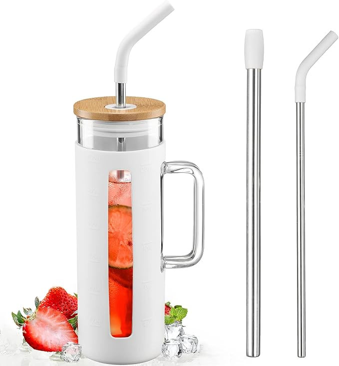 Kodrine Tumbler with Lid and Straw, 20 oz Glass Coffee Tumbler with Handle, Smoothie Cup with Bam... | Amazon (US)