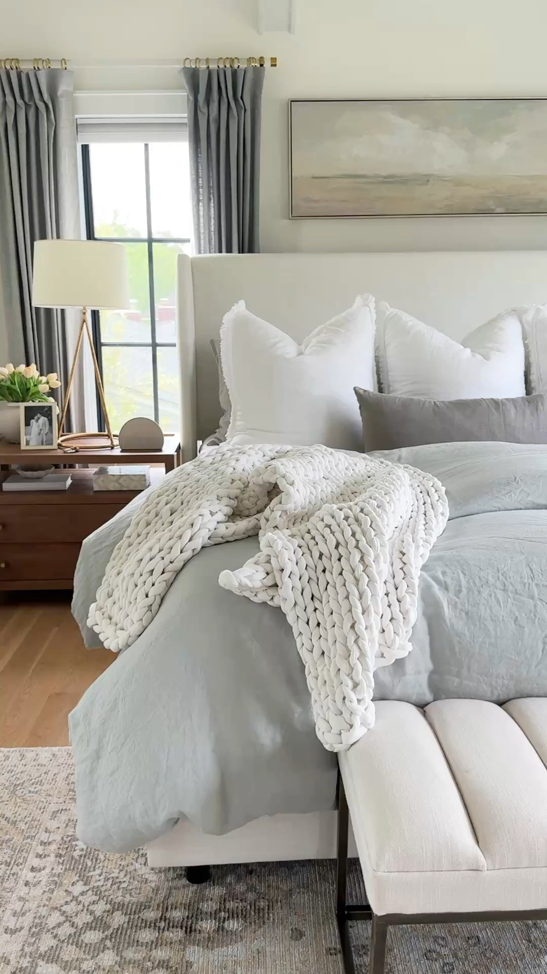 Sharing all of my timeless bedroom favorites! From the Wayfair Tilly upholstered bed in Zuma White to the blue-gray linen bedding, organic cotton blanket, Amazon linen Euro shams, brass table lamp, Pottery Barn whitewashed dresser, and oversized coastal wall art, every piece was chosen to create a light, airy, coastal-inspired bedroom that never goes out of style.

#LTKSaleAlert #LTKHome #LTKdayinmylife