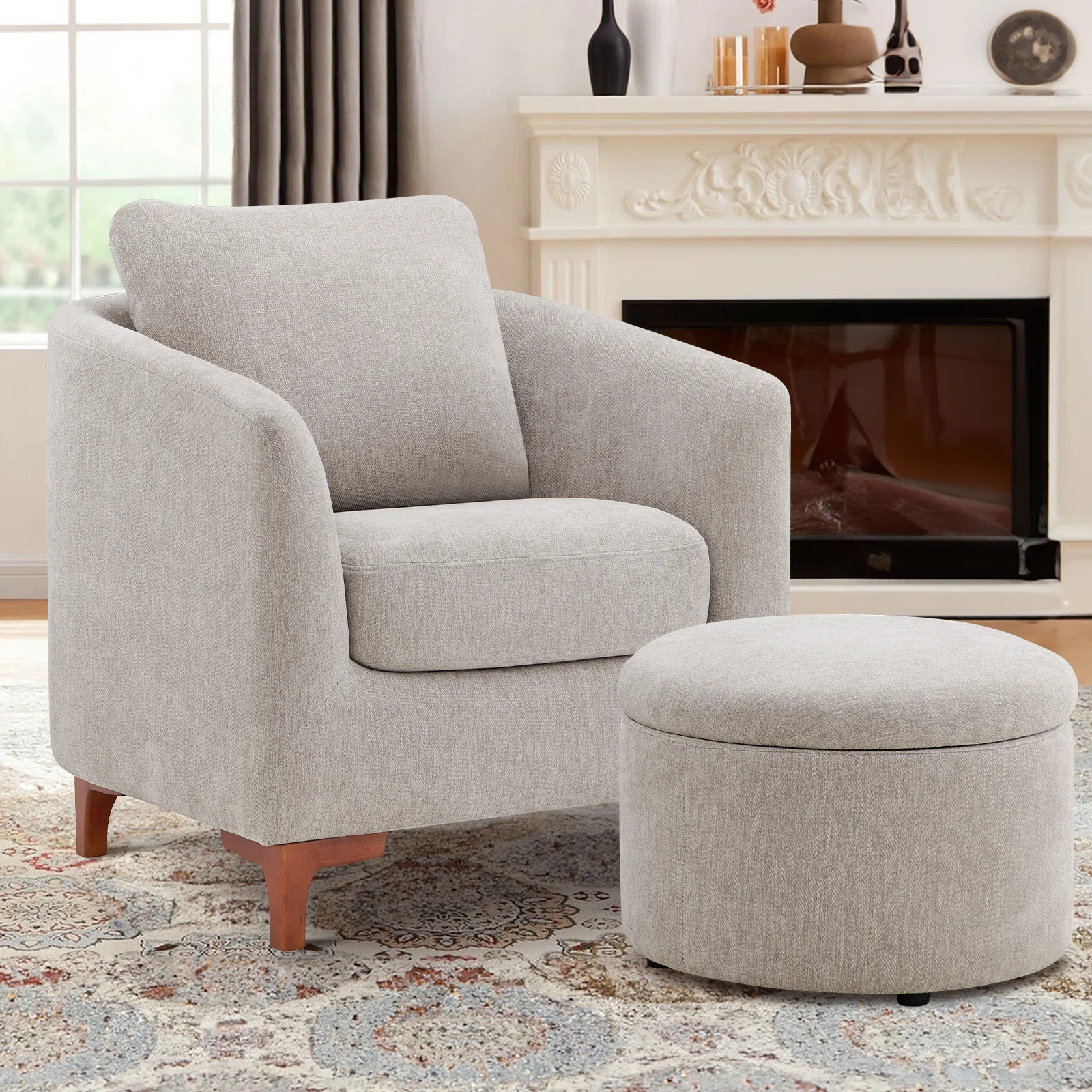 Amold Upholstered Barrel Accent Armchair With Storage Ottoman and Pillow | Wayfair North America