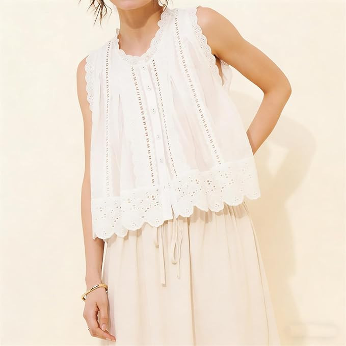 Women Cute Cutout Eyelet Tank Top Fairy Cottagecore Sleeveless Scallop Trim Pleated Peplum Camiso... | Amazon (US)