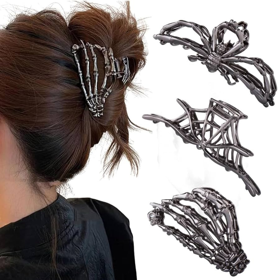 3PCS Black Spider Web Skeleton Hand Skull Hair Claw Clips for Women And Girls, Hiphop Metal Large... | Amazon (US)