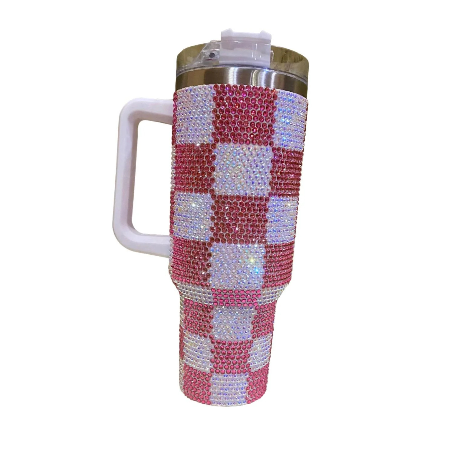 40 Oz Checkered Rhinestone Tumbler In Pink/white | Shop Simon