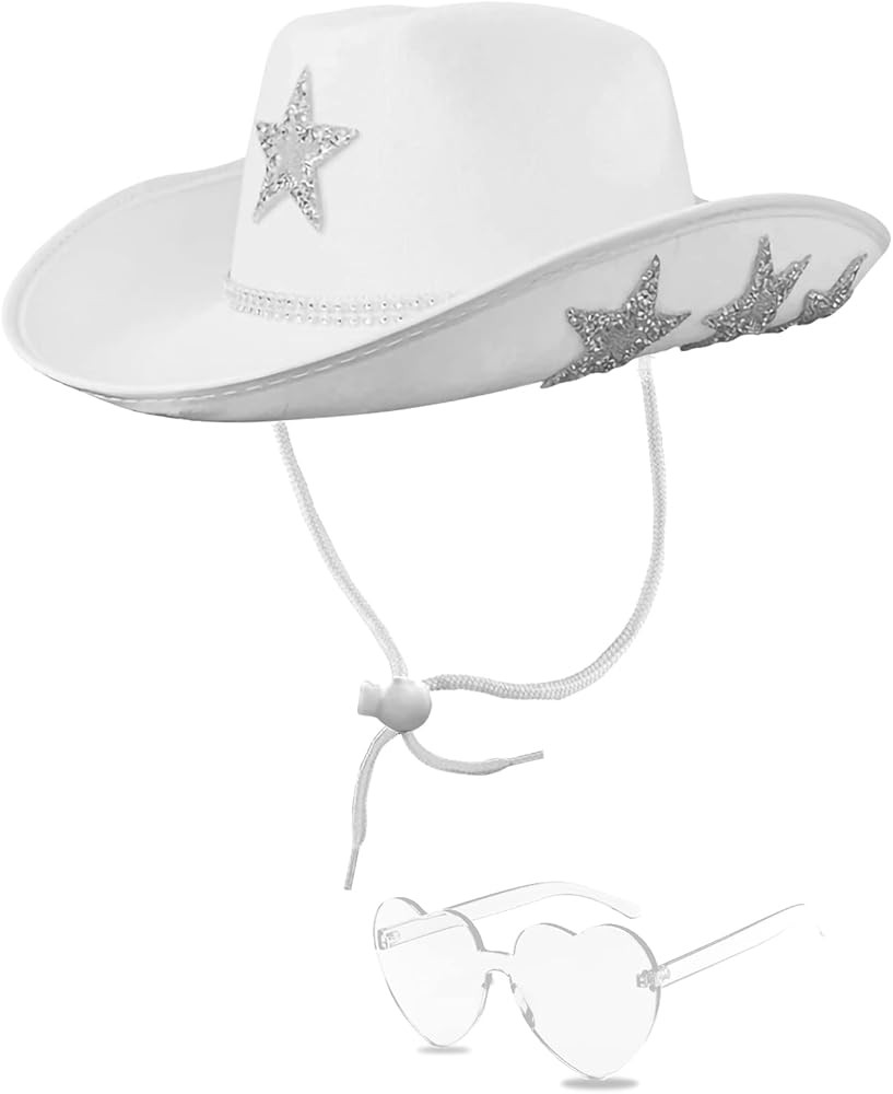 White Cowgirl Hat with Heart Sunglasses - Cowboy Hat with Glitter Star Fits Women for Bachelorett... | Amazon (US)
