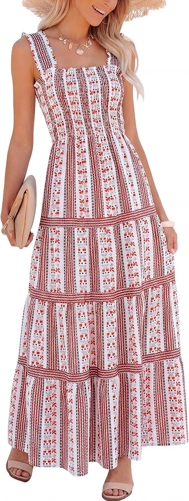 Caracilia Womens Summer Maxi Dresses Floral Smocked Sleeveless Ruffle Boho Casual Flowy Aline Bea... | Amazon (US)