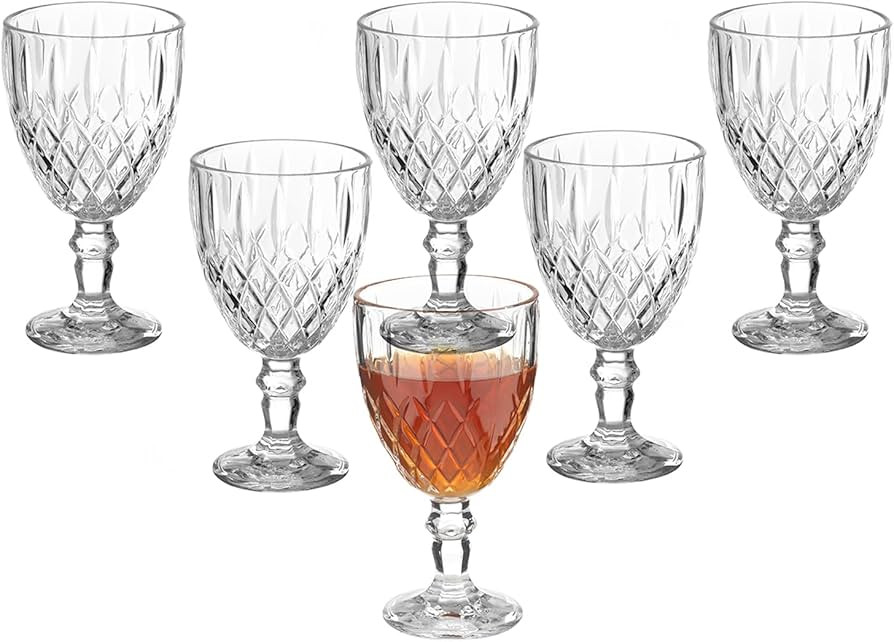 Clear Vintage Wine Glasses Set of 6, 11 Ounces Colored Glass Water Goblets, Unique Embossed Patte... | Amazon (US)