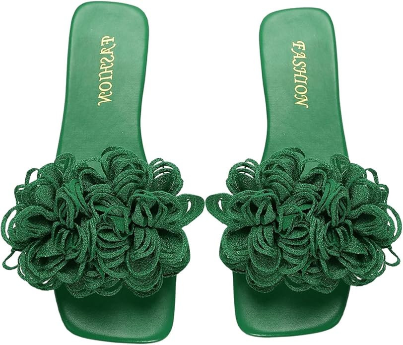 OYOANGLE Women's 3D Floral Flat Sandals Square Open Toe PU Leather Slip on Slides | Amazon (US)