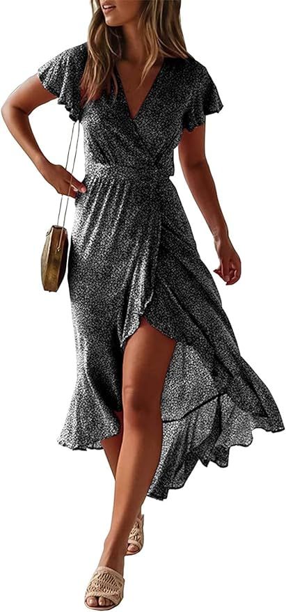 ZESICA Women's 2024 Bohemian Floral Printed Wrap V Neck Short Sleeve Split Beach Party Maxi Dress | Amazon (US)