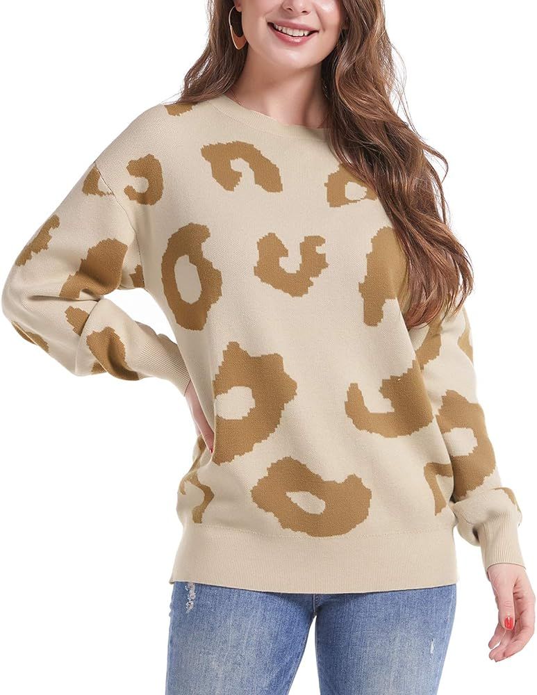 II ININ Women's Leopard Pullover Sweater Casual Sweatshirt Crew Neck Long Sleeve Knit Tops Blouse | Amazon (US)