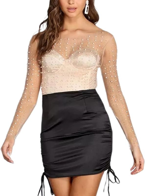 PAODIKUAI Women's Sheer Bodysuit See Through Long Sleeve Mesh Tee Blouse Pearl Rhinestone Crop Top C | Amazon (US)