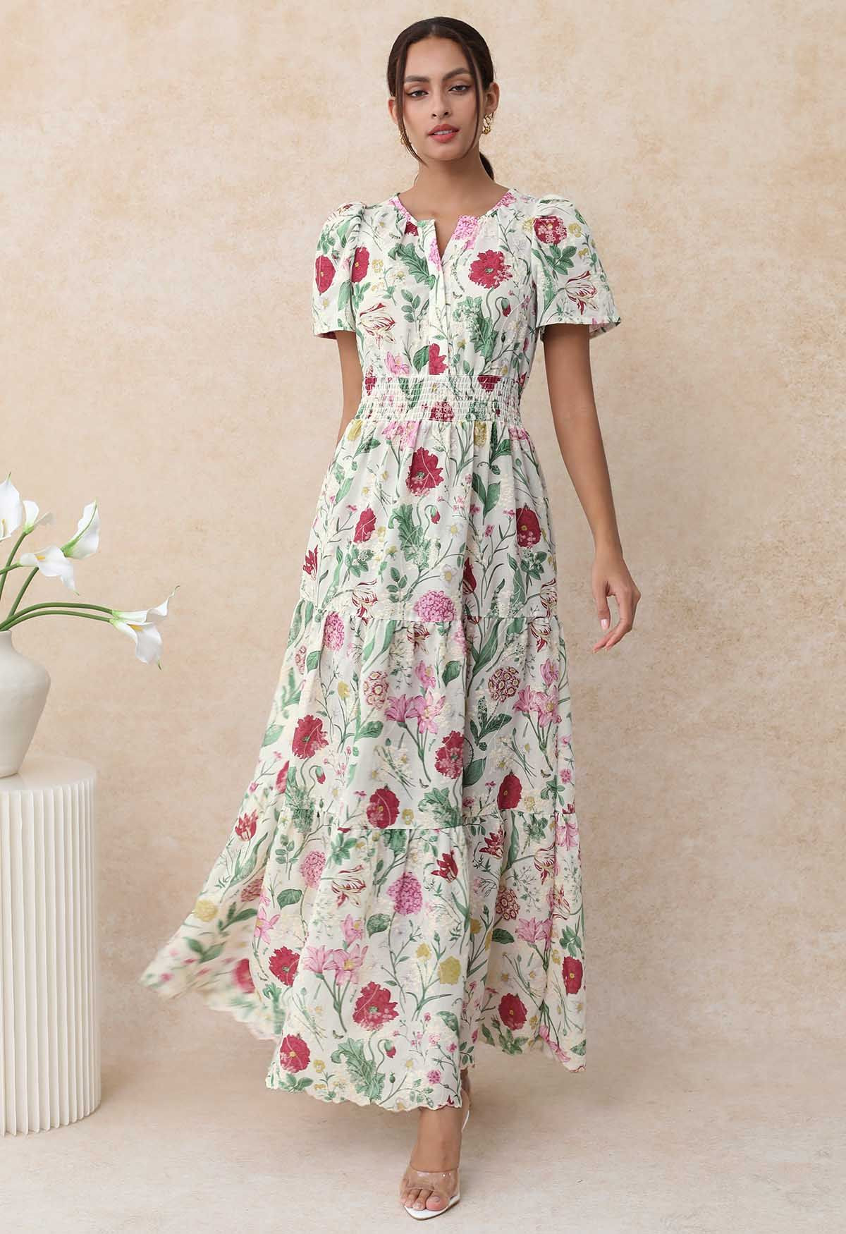 Ebullient Flower Embroidered Frilling Maxi Dress | Chicwish