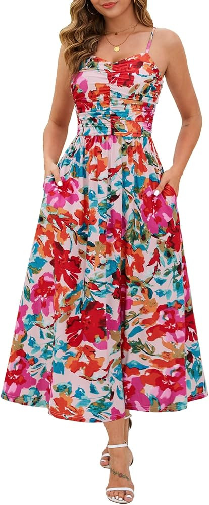 Annebouti Women 2026 Summer Spring Ruched Maxi Dress Adjustable Spaghetti Strap Floral Beach Long... | Amazon (US)