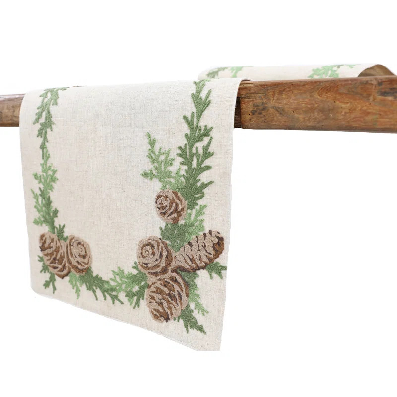 Ishaan Winter Pine Cones and Branches Crewel Embroidered Table Runner | Wayfair North America