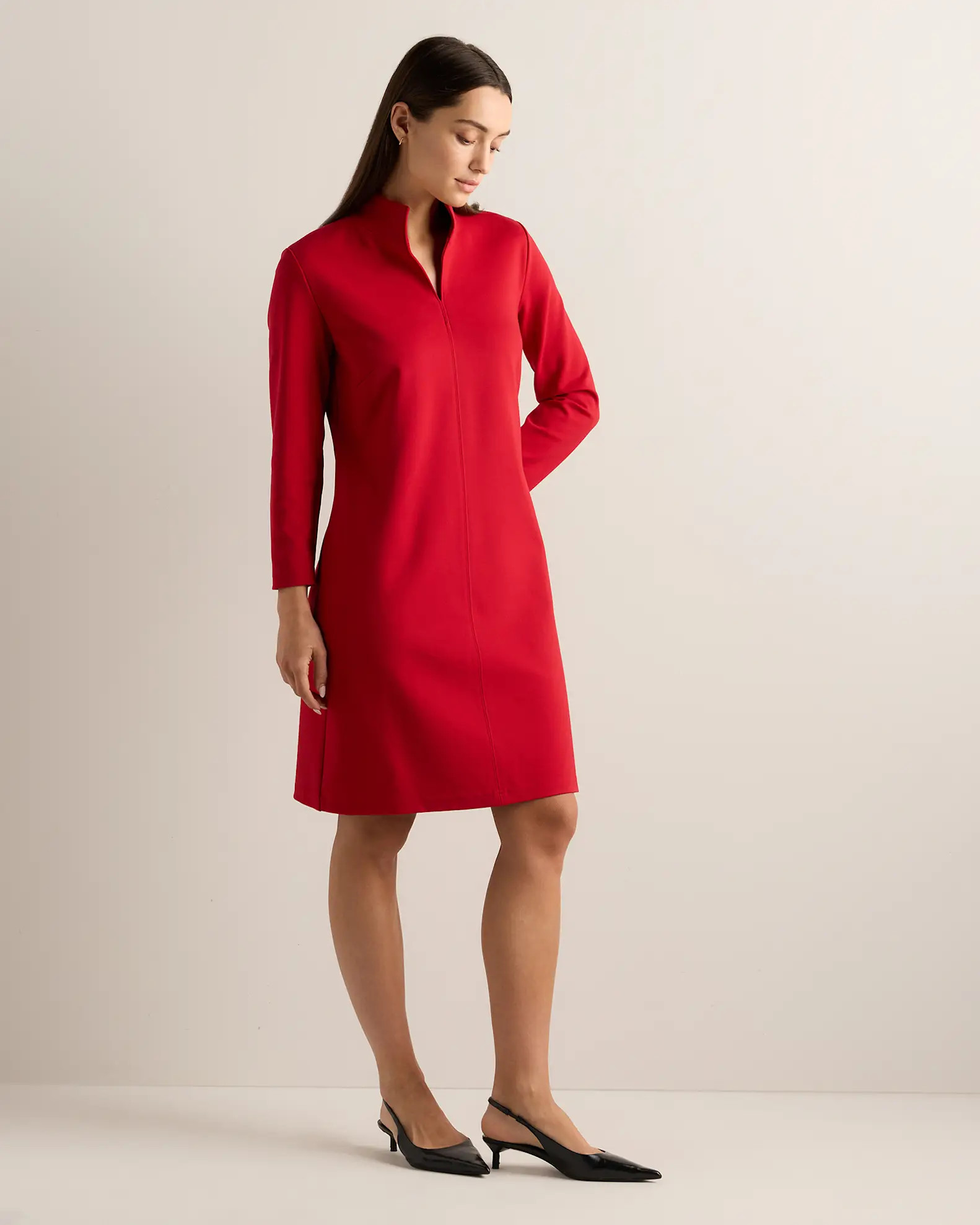 Ultra-Stretch Ponte Split Neck Mini Dress in Ruby Red | Quince
