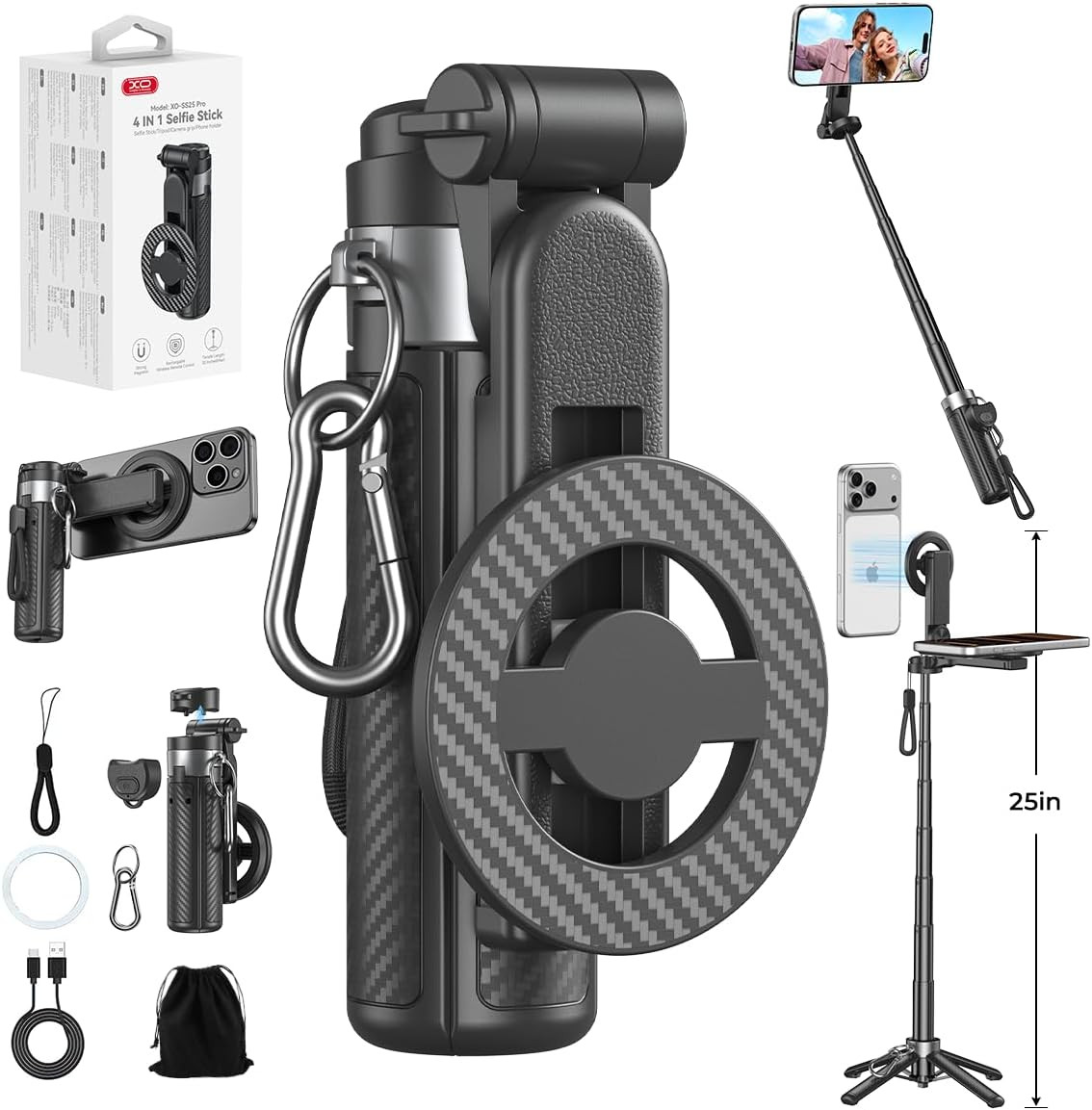 Upgrated 5-in-1 Magnetic Selfie Stick with Remote for Cell Phone 360° Rotation.Can Transforms into Mini Tripod/Camera Grip/Handheld Stabilizer/Phone Stand.Extend to 25 inches | Amazon (US)