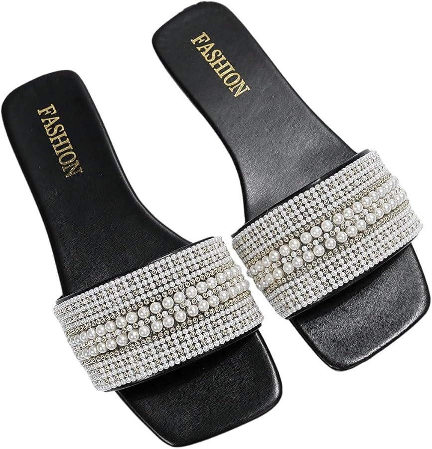 Verdusa Women's Pearls Sandals Slide Casual Sandal Flat Open Toe Slides | Amazon (US)