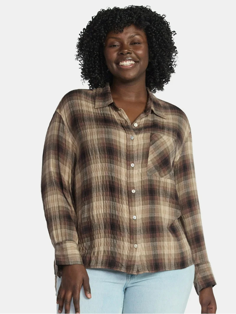 Terra & Sky Women's Plus Plaid Button Front Shirt, Sizes 0X-5X | Walmart (US)