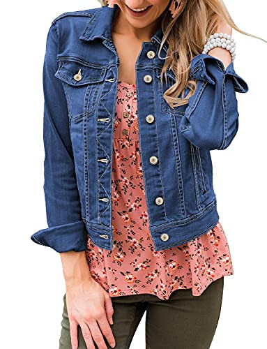 LookbookStore Blue Stretchy Denim Jacket Spring Classic Trucker Jackets Long Sleeves Button Down Jean Jackets Fall Outfits 2025 Size M Women Lightweight Jean Jackets Size 8 10 | Amazon (US)