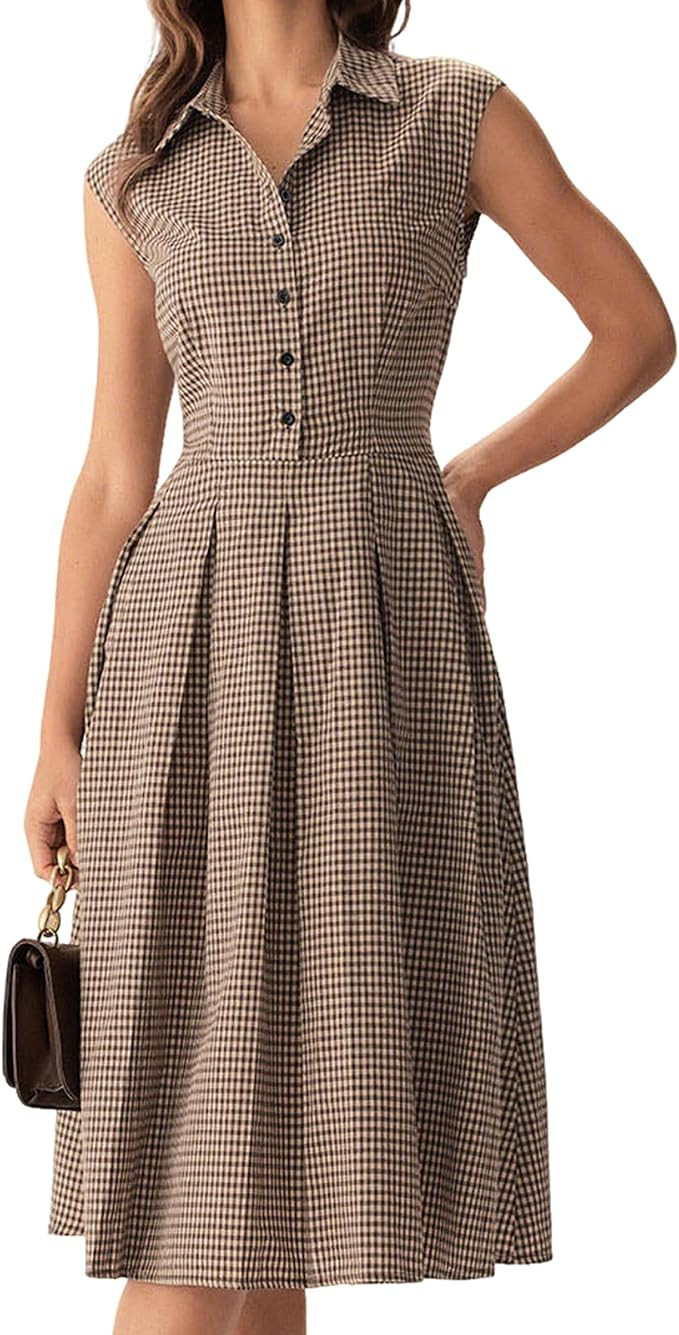 RIHOAS Women's Plaid Dress Sleeveless Button Up Midi A Line Dress Office Work Dress | Amazon (US)