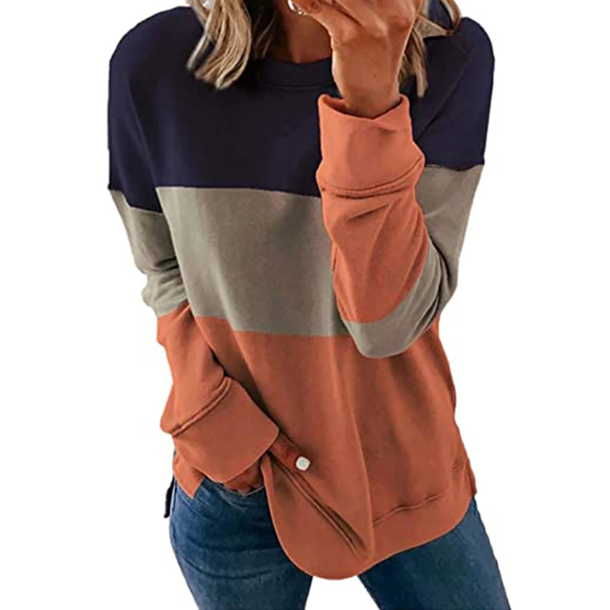 Long Sleeve T-shirt for Women Blouses Color Block Striped Pullover Long Sleeve Round Neck Fall Tu... | Walmart (US)