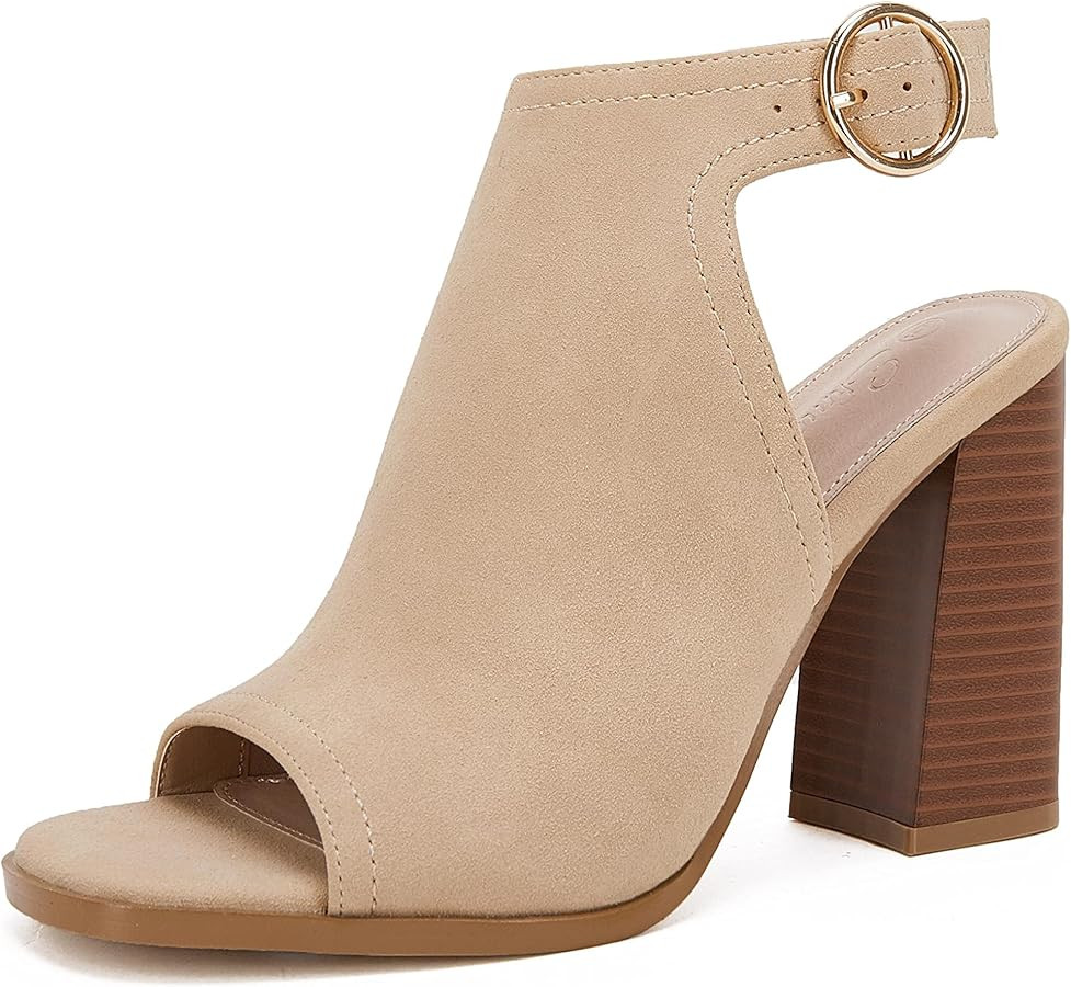 Ermonn Women‘s Cutout Peep Toe Stacked Heeled Sandals Ankle Strap Buckle Booties | Amazon (US)