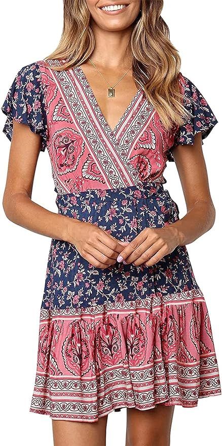 ZESICA Women's 2024 Summer Wrap V Neck Bohemian Floral Print Ruffle Swing A Line Beach Mini Dress | Amazon (US)