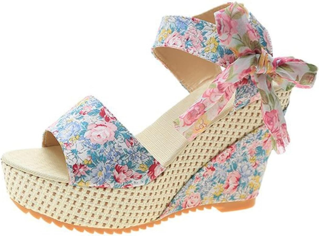 Women's Floral Fish Toe Boho Wedge Sandals,Lace-up Espadrille Open-Toe Slip-On Elasticated Ankle ... | Amazon (US)