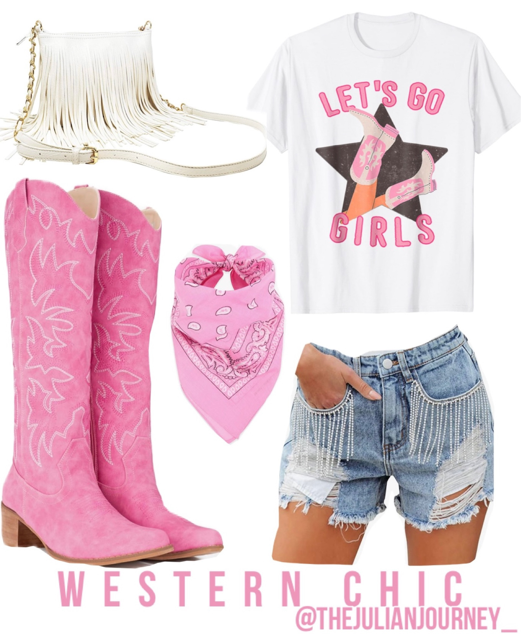 Western chic outfit idea! Cowboy outfit idea! Concert outfit idea!! Western outfit! Pink cowboy boots, bandana, fringe denim shorts, let’s go girls shirt!! 