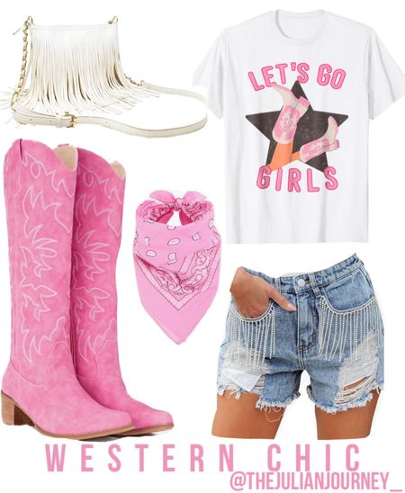 Western chic outfit idea! Cowboy outfit idea! Concert outfit idea!! Western outfit! Pink cowboy boots, bandana, fringe denim shorts, let’s go girls shirt!! 
