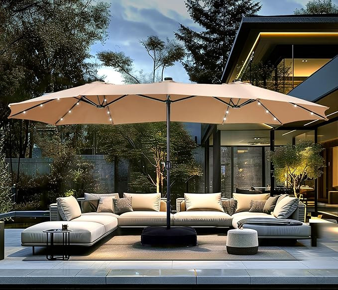 Amazon.com : PHI VILLA 15ft Large Patio Umbrella with Base & Solar Lights, Double-Sided Outdoor R... | Amazon (US)