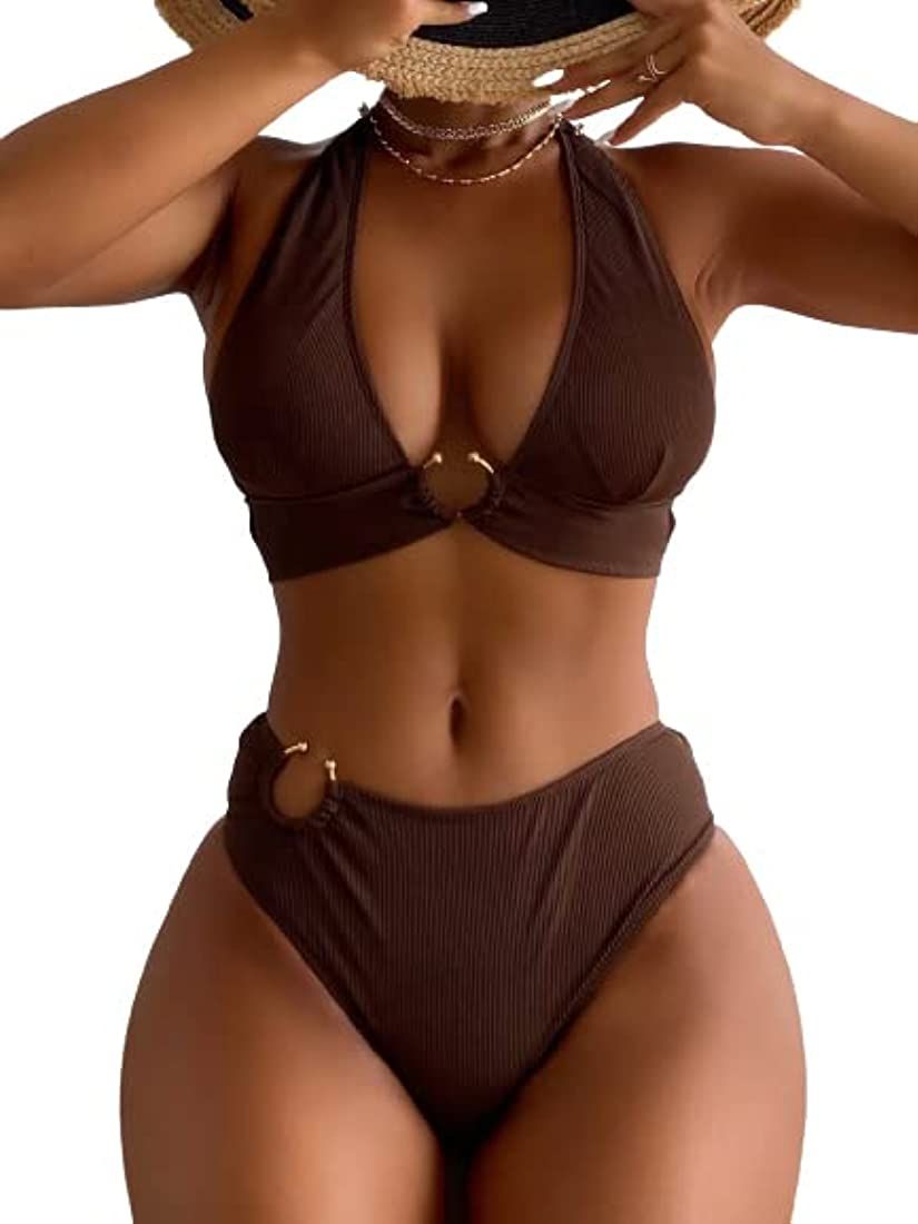 SheIn Women's 2PCS Ring Swimsuit Tie Neck Halter High Waist Solid Bikini Set Wireless Sexy Bathin... | Amazon (US)