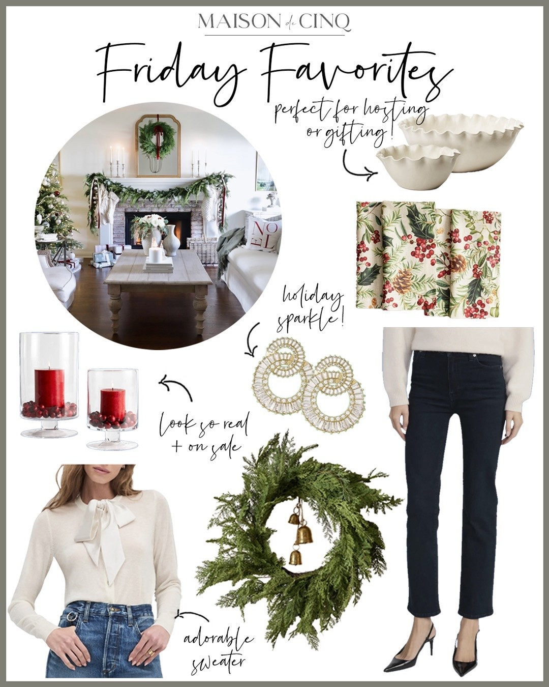 So many fun finds for Friday Favorites this week including festive blouses and sweaters, sparkly earrings and pretty shoes! Plus holiday decor all on sale!

Christmas decor, serving bowls, tabletop, gifts for women, gift ideas, straight leg jeans, wreath, heels, party outfit, holiday outfit 

#LTKGiftGuide #LTKHome #LTKHoliday