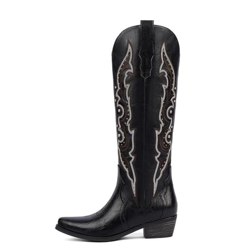 QIY Womens Cowboy Cowgirl Boots Black Knee High Cowgirl Rhinestone Sparkly Western Embroidered Tall Cowboy Boots for Women with Chunky Low Heel Pointed Almond Toe Side Zipper Black Size 7.5 | Amazon (US)