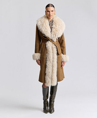 Women's Faux-Fur-Shawl-Collar Faux-Shearling Coat | Macy's