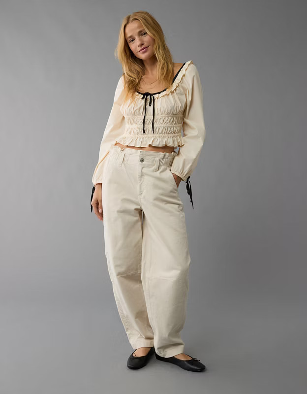 AE Long-Sleeve Ruched Poplin Blouse | American Eagle Outfitters (US & CA)