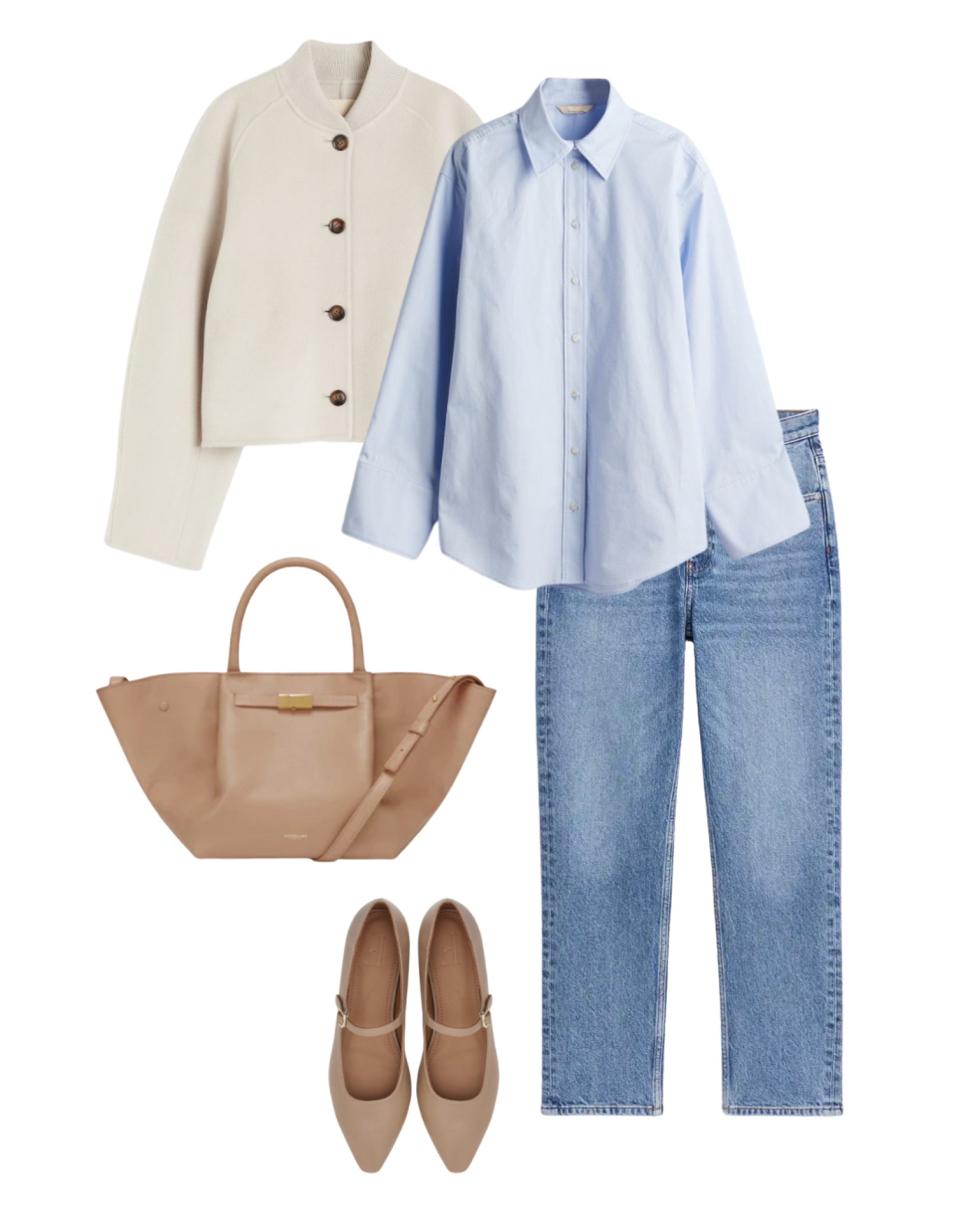 Cream jacket, blue shirt, jeans and beige accessories, spring outfit 

#LTKSeasonal #LTKstyletip #LTKover40