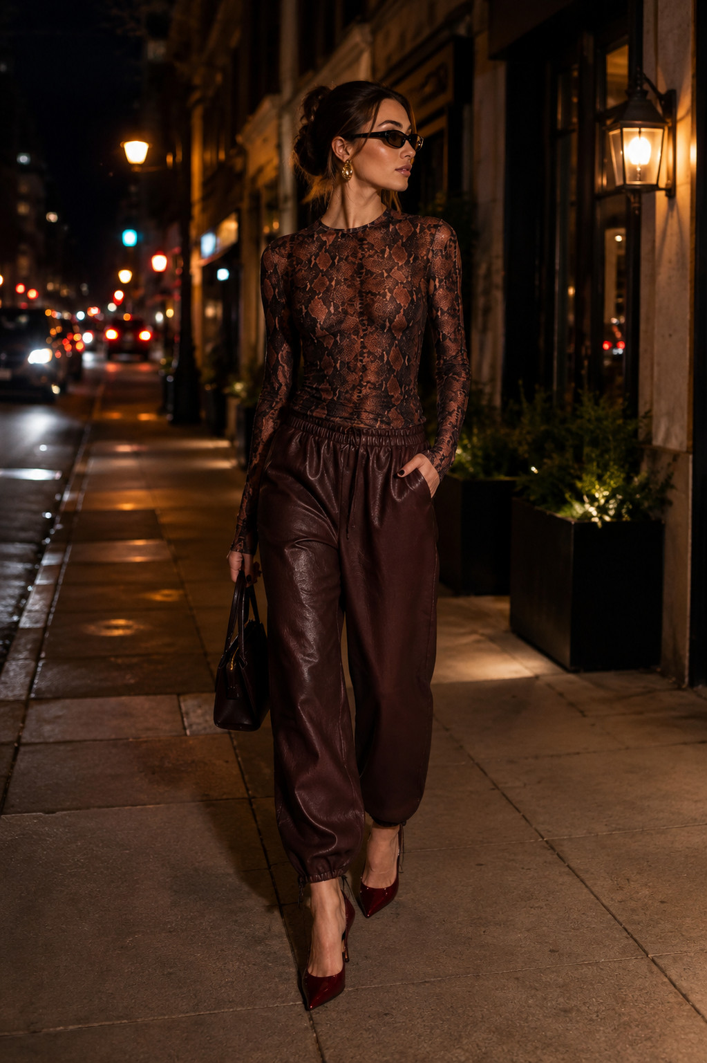 Absolutely loving this rich brown printed top paired with burgundy faux leather pants. The whole look feels bold without being too much and the fall color palette is perfection. Such a good Avec Les Filles find for dinner, drinks, date night, or a chic city look. #AvecLesFilles #FallOutfit #LeatherPants #BurgundyFashion #FallStyle #FallFashionFinds #AutumnStyle #NightOutLook #LTKStyle #FallTrends 

 #LTKSeasonal #LTKU #LTKSaleAlert