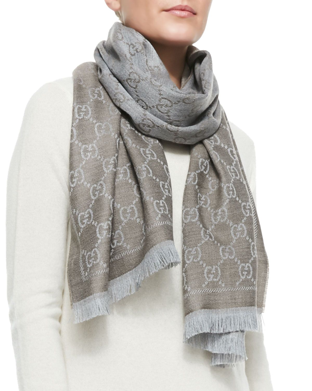 Gucci Stencil GG Logo Scarf, Taupe | Neiman Marcus