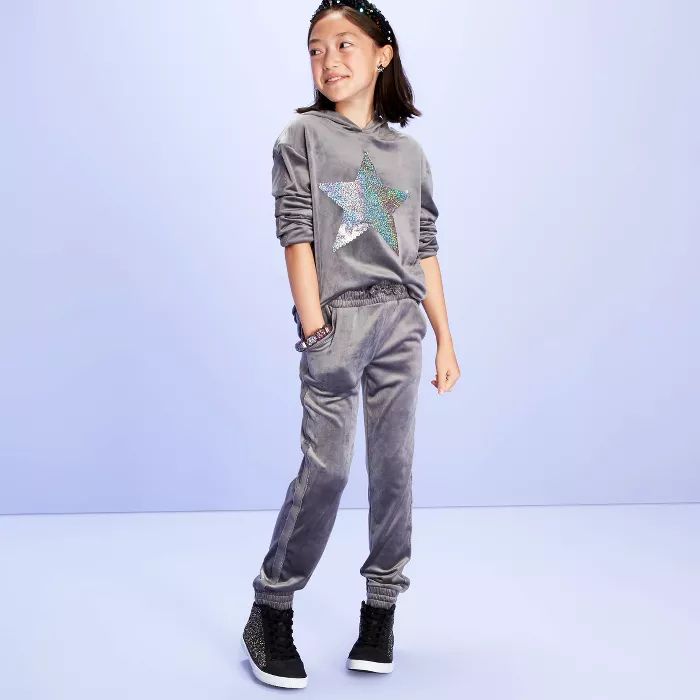 Girls' Velour Hoodie Sweatshirt With Sequin - More Than Magic™ Gray | Target