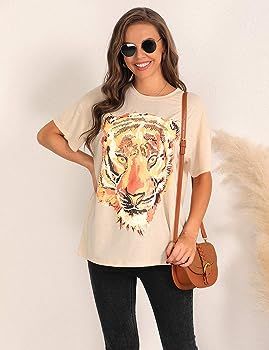 Blooming Jelly Women's Oversized T Shirt Tiger Graphic Tees Short Sleeve Round Neck Summer Tops | Amazon (US)