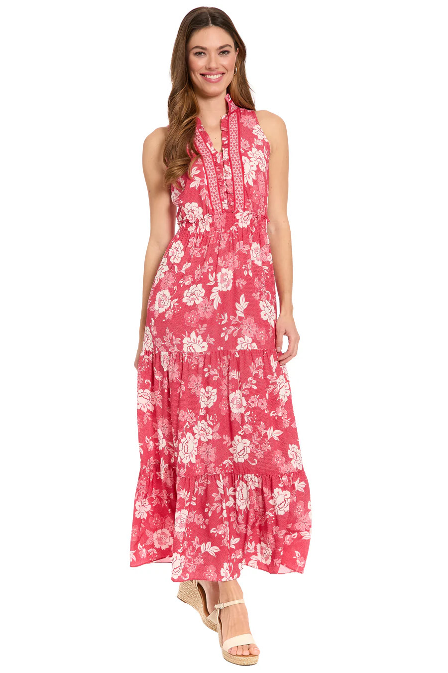 Brooke Ruffle Neck Smocked Maxi in Grid Floral A-Line | London Times | Maggy London