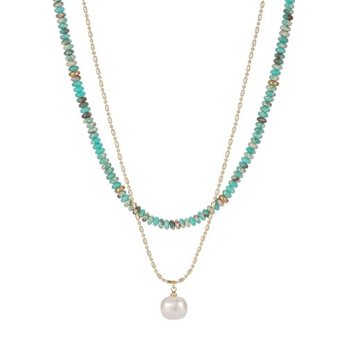 2Pcs Beaded Gemstone Layered Necklace for Women Colorful Boho Bead Choker Necklace Natural Stone Freshwater Pearl Surfer Beach Necklace 14K Gold Plated Summer Handmade Necklaces Jewelry | Amazon (US)
