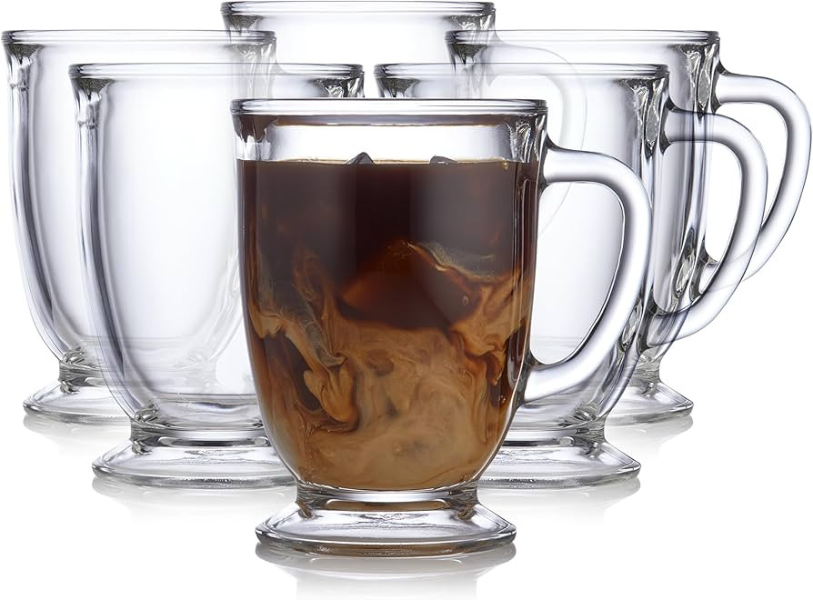 Libbey Kona Glass Coffee Mugs Set of 6, Elegant 16 Ounce Clear Tea Mug, Dishwasher Safe Glass Mug... | Amazon (US)