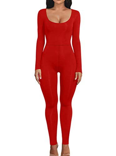 LAGSHIAN Women's Sexy Bodycon Long Sleeve Scoop Neck One Piece Jumpsuit Romper Red | Amazon (US)