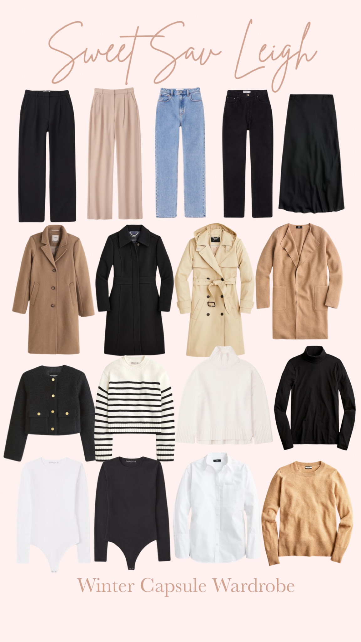 Winter capsule wardrobe staples | wool coat, camel coat, trench coat, black coat, tweed jacket, neutral sweater, trousers 

#LTKSeasonal #LTKstyletip #LTKfindsunder100