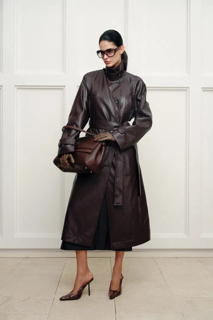 Grecale Vintage Burgundy Long Coat in Faux leather | Fabrique