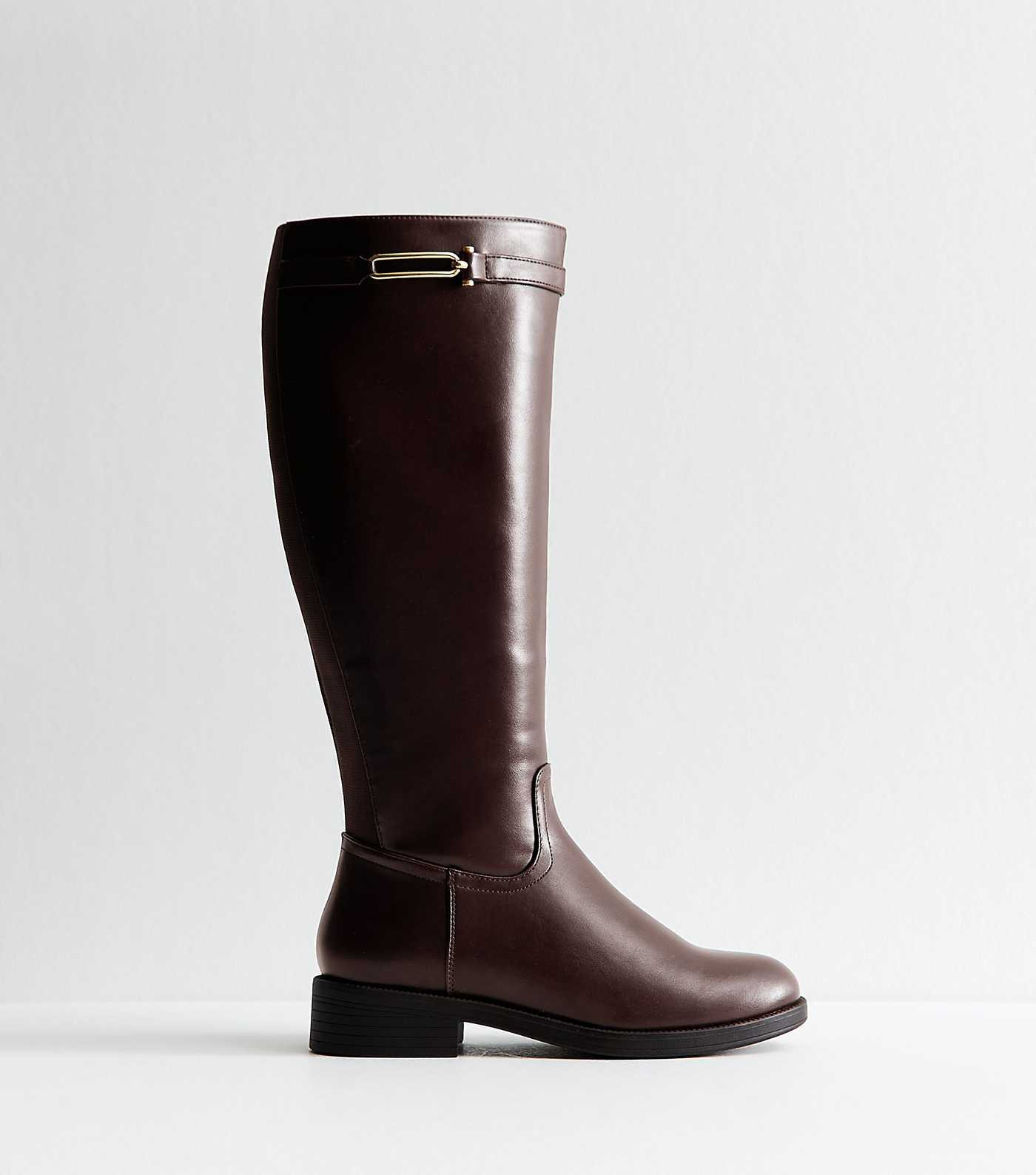 Wide Fit Brown Faux Leather Riding Look Knee High Boots | New Look | New Look (UK)