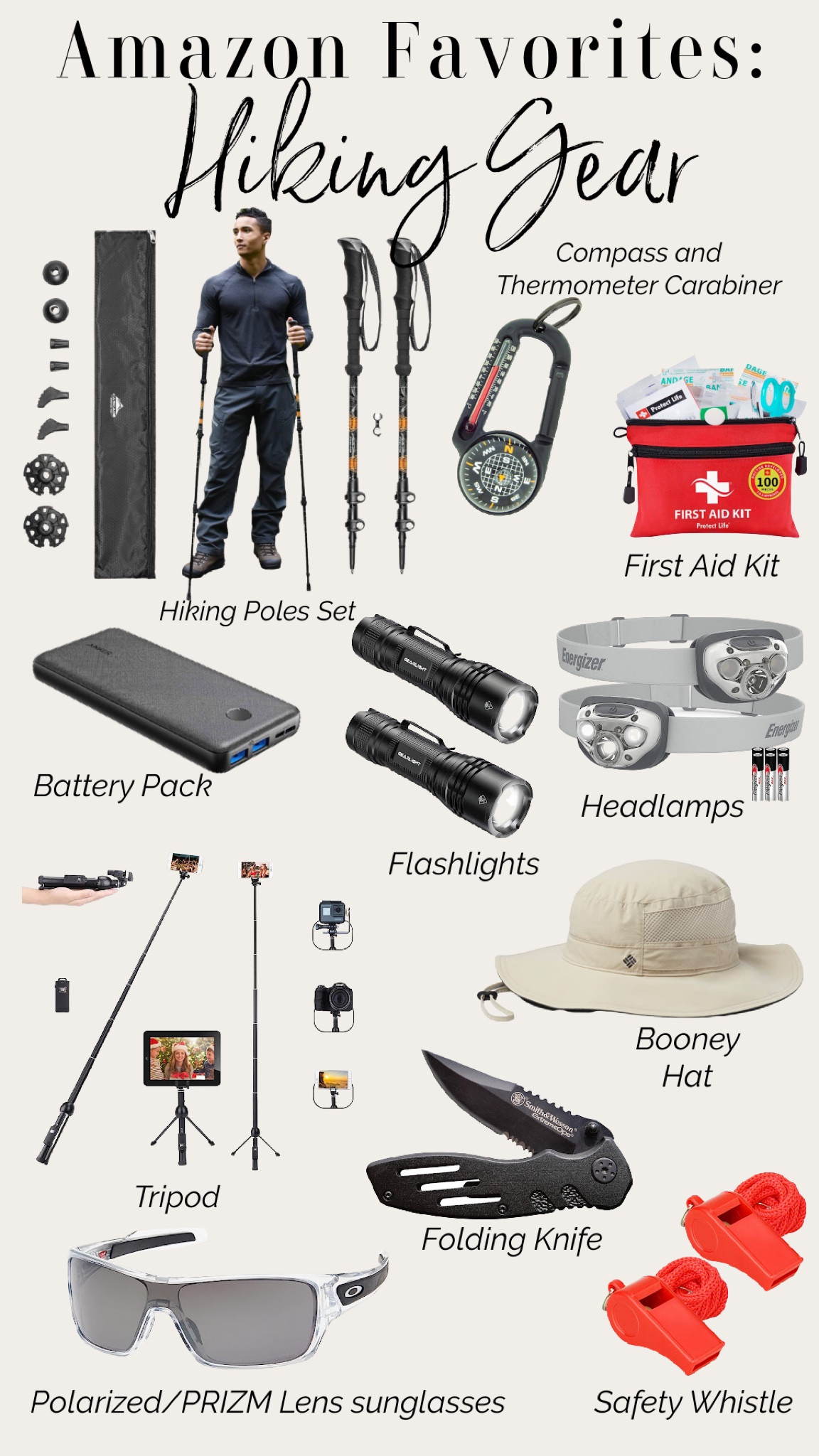 Amazon Favorites: Hiking Gear. Hiking / Trekking poles, compass, first aid kit, battery pack, flashlights, headlamps, tripod selfie stick, safety whistle, bucket booney hat, polarized prizm sunglasses  

#LTKsalealert #LTKFitness #LTKxPrimeDay