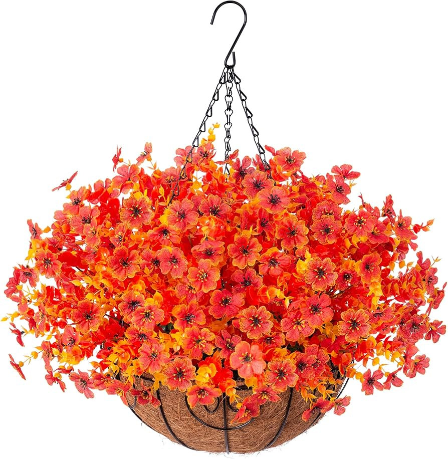 Artificial Fake Hanging Plants Flowers Basket for Fall Autumn Outdoor Decor, Faux Silk Orange Das... | Amazon (US)